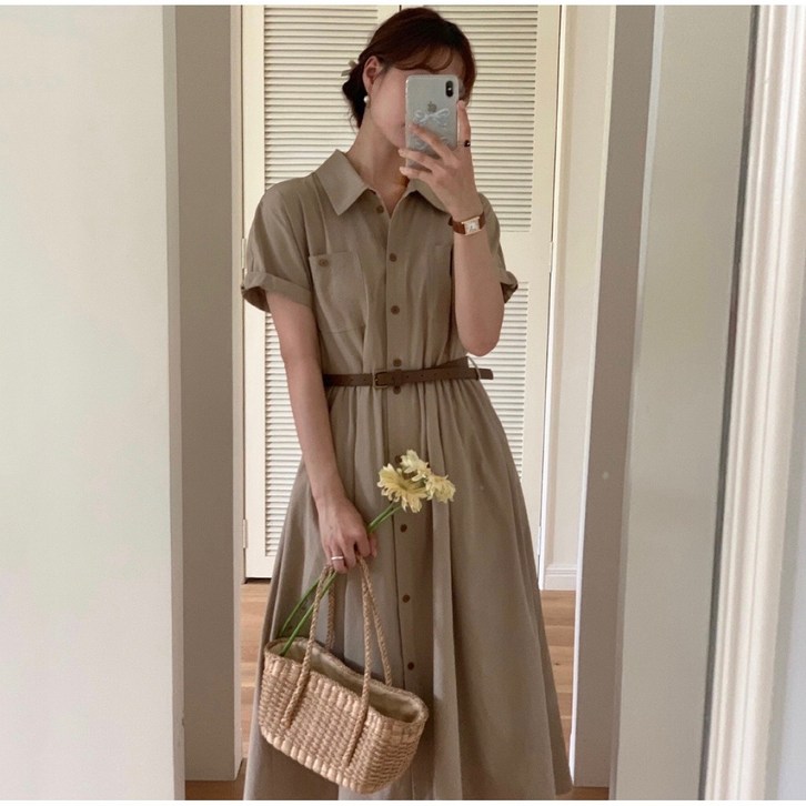 루어스룸 헤이즐 가을 코튼 벨트세트 버튼 플레어 A라인 빅사이즈 여성 a라인 반팔 66 77 88 임산부 하객룩 셔츠 롱 원피스2color 돌잔치룩