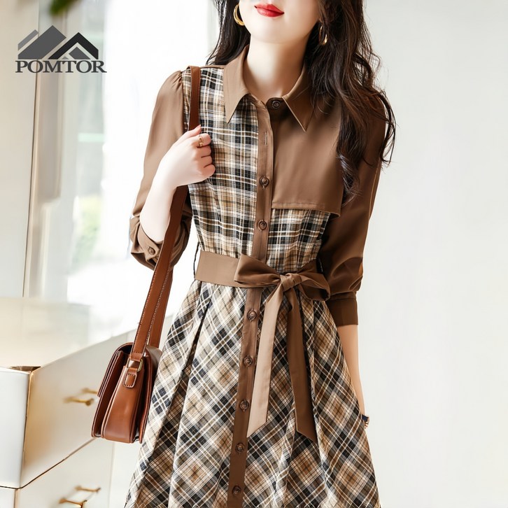POMTOR 여성용 패션 패치워크 A라인 체크 슬림핏 긴팔 원피스