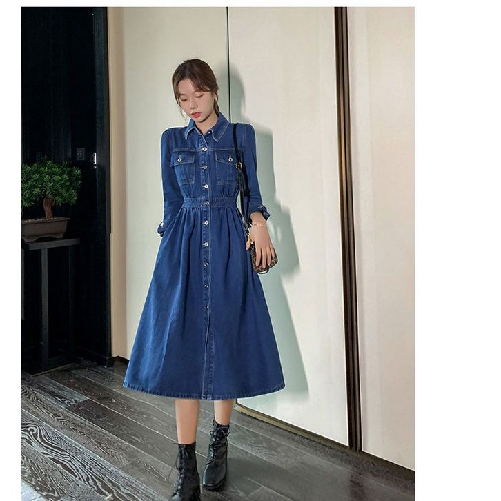 데님 원피스 봄가을용 신상 슬림핏 긴팔 기질 롱 치마 FC3263