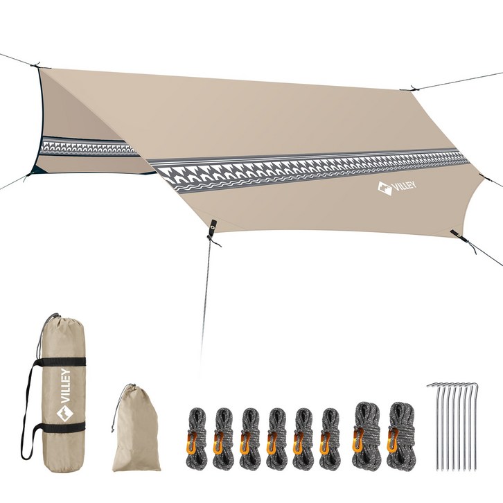 VILLEY 팔각형 다용도 방수 자와선 차단 캠핑 타프 24인용, 카키