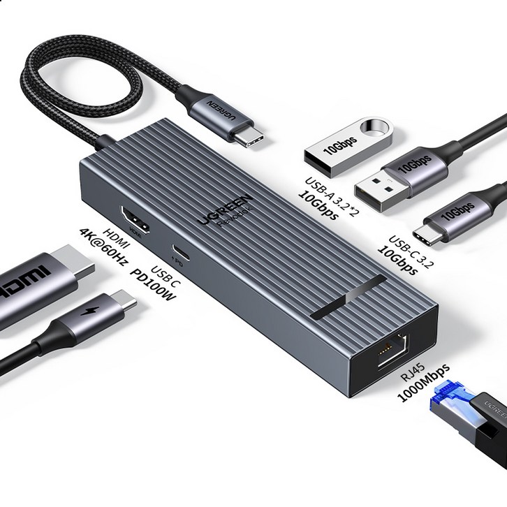 UGREEN 유그린 76 포트 10Gbps USB C 멀티허브 4K60Hz USB3.2 Gen 2 도킹 스테이션
