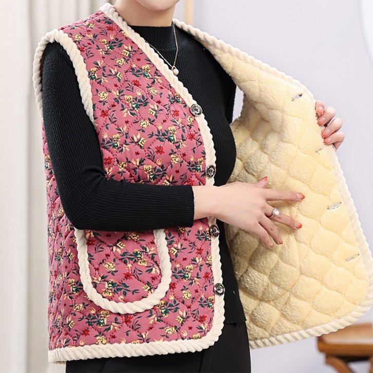 캐보트 겨울 꽃무늬 조끼 양털 누빔 김장 할머니 엄마 중년여성 아줌마 촌캉스 옷 빅사이즈