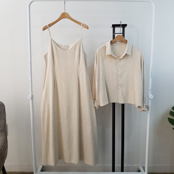 상상그이상 여성용 린넨 원피스세트 여리여리 슬림핏 롱슬립 긴팔셔츠 날씬해보이는 허리핀턱 시원한 소재 코디걱정 없는 여성스러운 세트