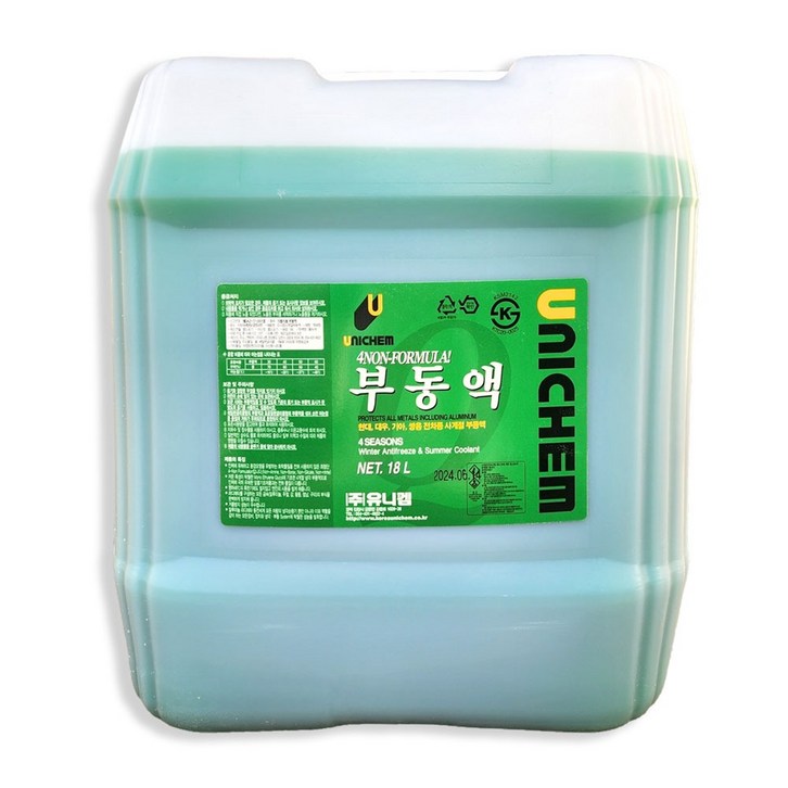 유니켐 부동액 18L 사계절용 냉각수 동결방지 부식방지 말통 업소용 자동차용 전차종, 1개, 18L