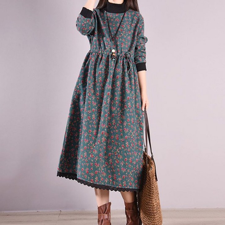 PEROLA 여성 겨울 기모 원피스 문예 허리조임 도톰한 밑단 레이스 면마 플라워 이너 원피스