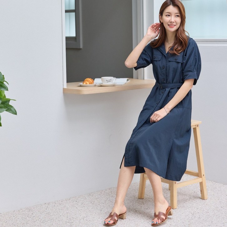 우일 여성 인견 바스락 카라 벨트 원피스