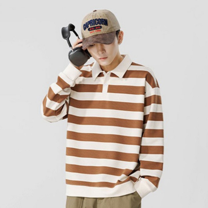 선빛 케인 스트라이프 단가라 데일리 캐주얼 카라 티셔츠