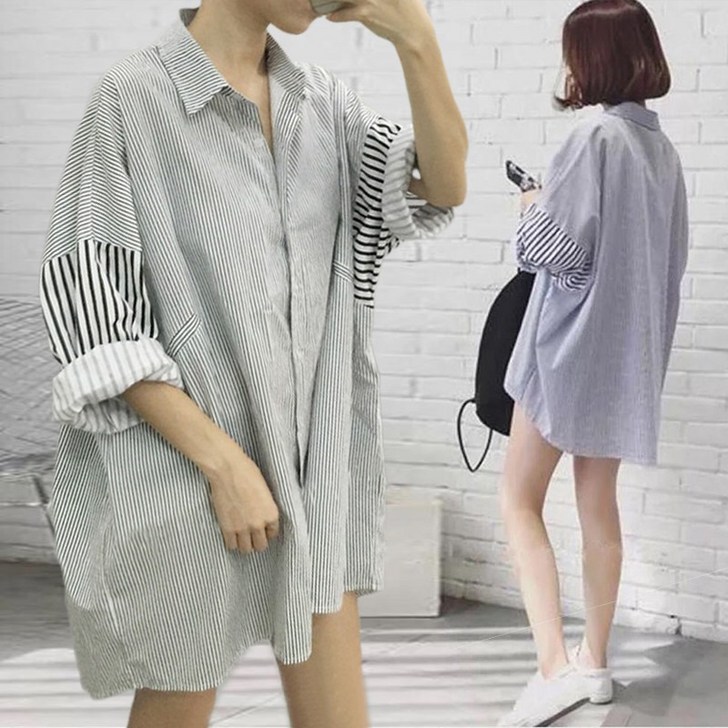 피플앤굿스 2컬러 여성 간절기 가오리핏 루즈 스트라이프 긴팔셔츠