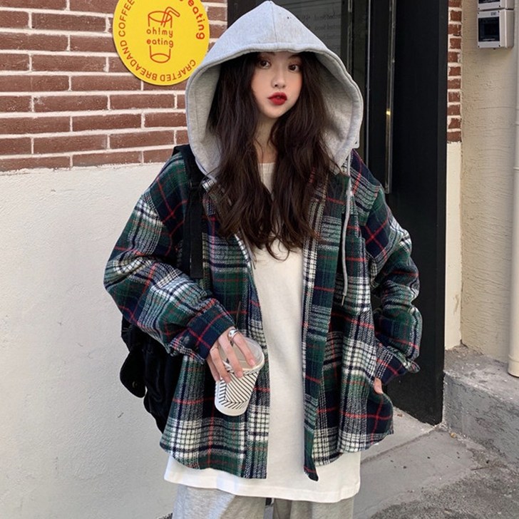 기모 후드 체크 남방 여성 루즈핏 셔츠 캐주얼 자켓