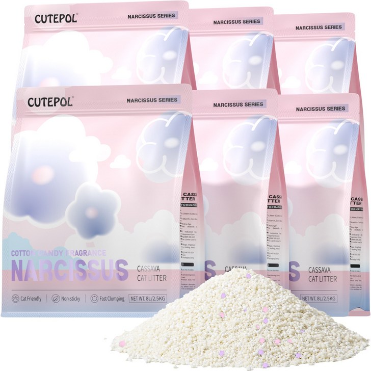 CUTEPOL 카사바 모래 캣 리터 먼지없는 응고형 고양이모래 극세입자, 2.5kg, 6개, 마시멜로 향
