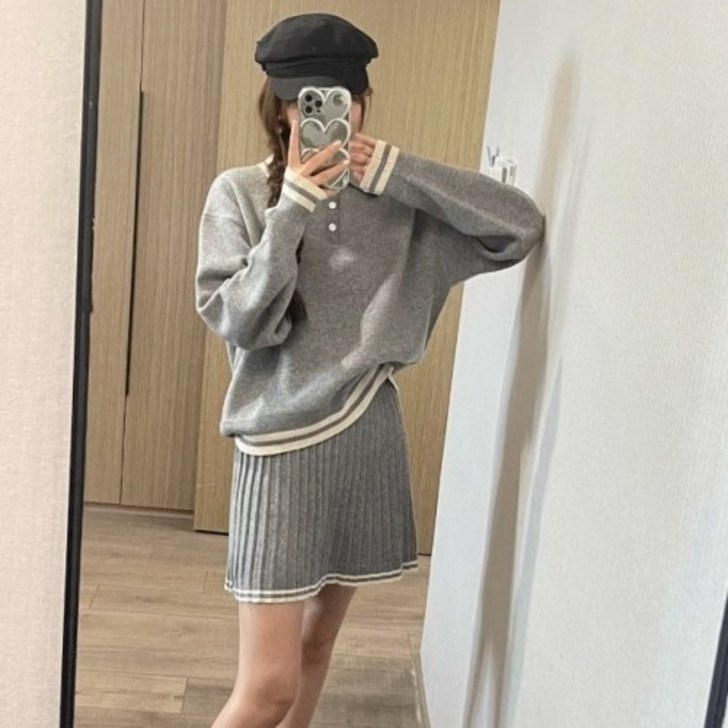 투피스세트 카라 배색 플리츠 니트 세트 크롭 상의  미니 스커트 여성 데일리룩