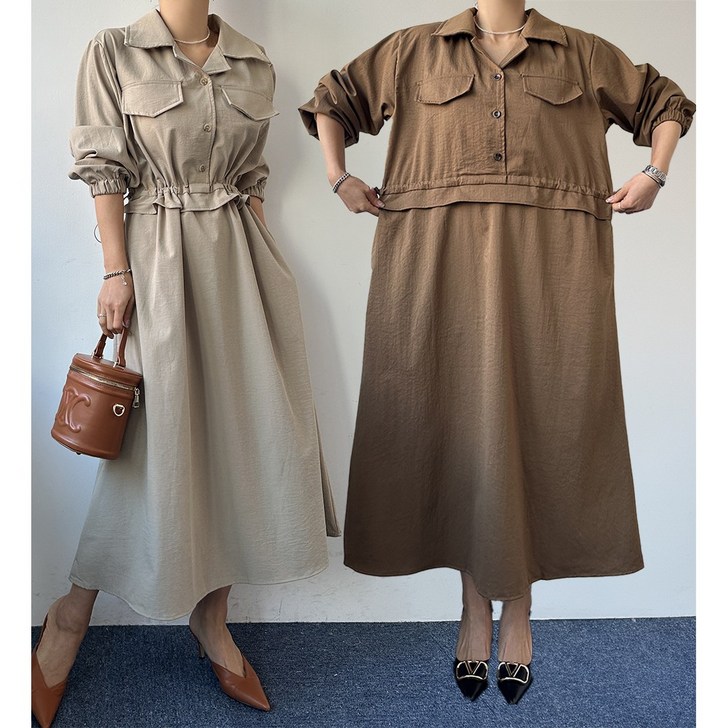 에이스토리 88사이즈원피스 봄가을 셔츠카라 스트링 롱원피스