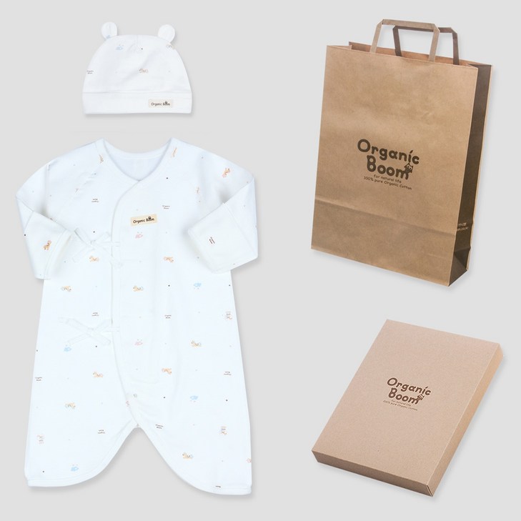 오가닉붐 신생아용 말띠해 사계절 배냇가운  모자  쇼핑백  상자 세트
