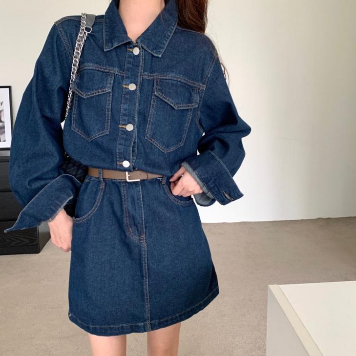 메리앤볼 긴소매 카라넥 진청 데님 미니 원피스