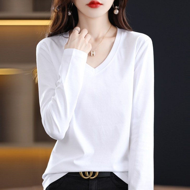 유니픽 여성 봄가을 순면 V넥 긴팔 티셔츠 기본 핏wd