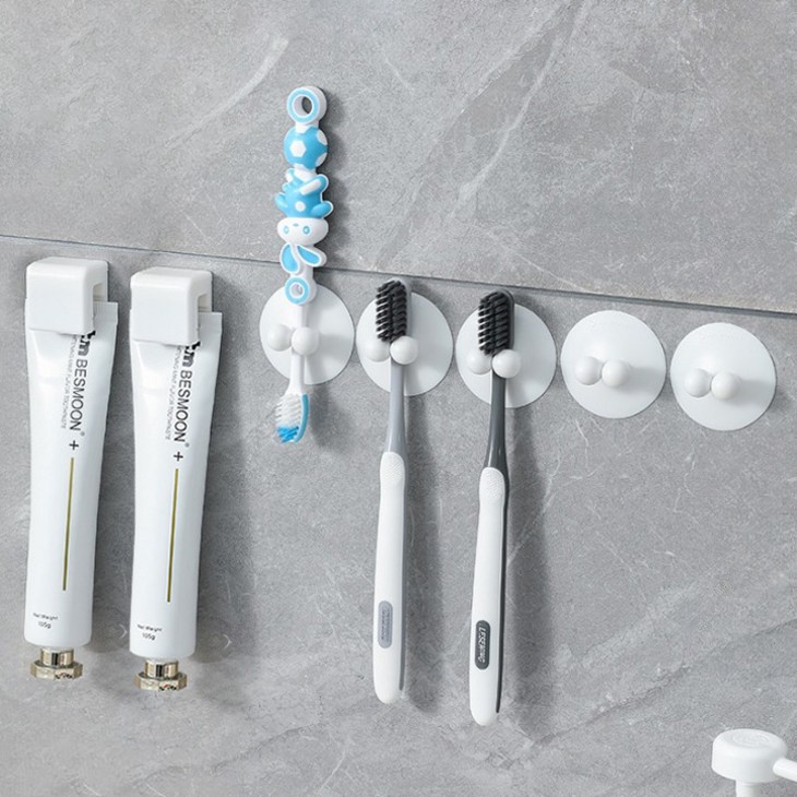 무식이네 공중부양 흡착 칫솔걸이 5p 접착 치약걸이 2p 세트, 화이트, 1세트