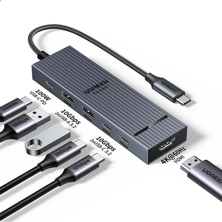 UGREEN 유그린 10Gbps USB 3.2 Gen2 C타입 멀티 허브  4K@60Hz 디스플레이 지원 6 in 1 USB-C 어댑터 고속 전송 지원