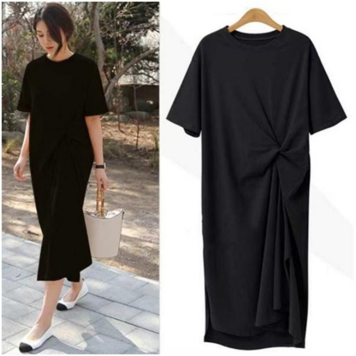 루즈핏 라운드넥 베이직 허리 포인트 캐주얼 반팔 롱 원피스