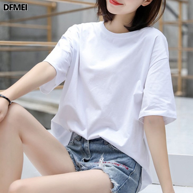DFMEI 반팔 티셔츠 프린트 탑 라운드 인스