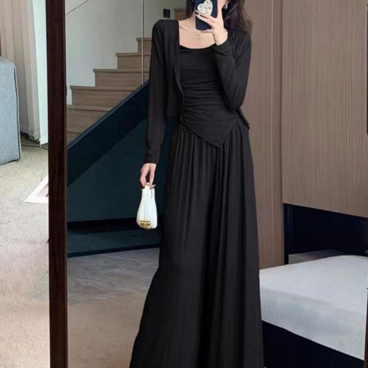 TIMEPURE 여성용 봄 가을 모던 소체형 슬림핏 가을 빈티지 가디건 원피스 3종세트 허리 커버 스커트 3종 세트