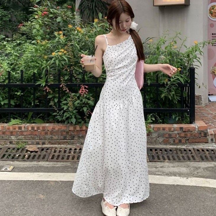 아멜리 도트 슬립 롱원피스 나시 플레어 데이트룩