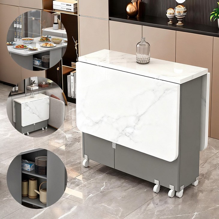 이동식 접이식 식탁 가정용 소형주택형 신축, 4인용, 화이트 마블링