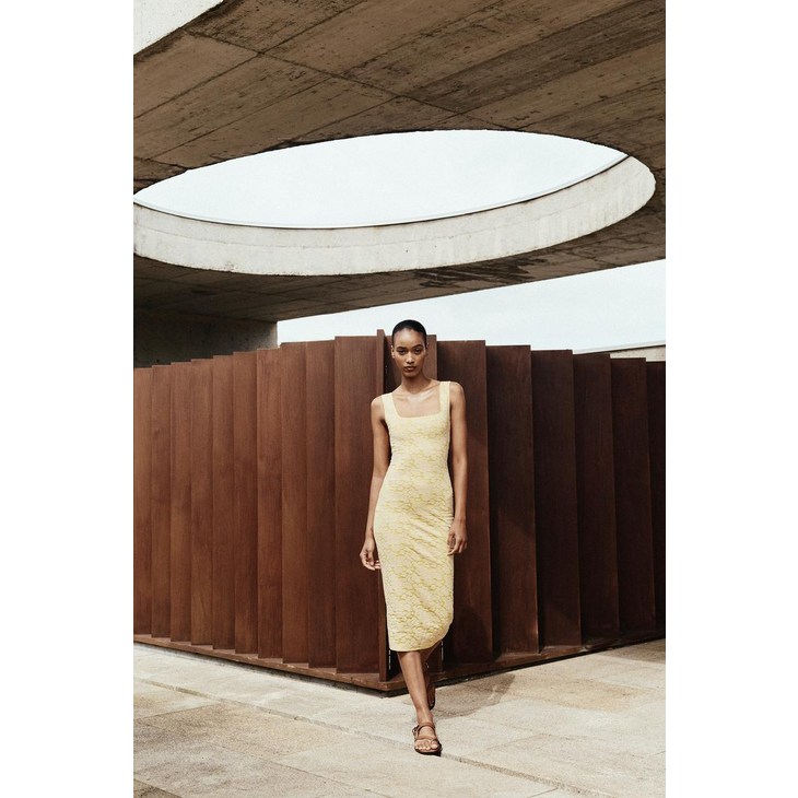자라 ZARA 여성 스퀘어 넥 스트레치 원피스  노랑324751