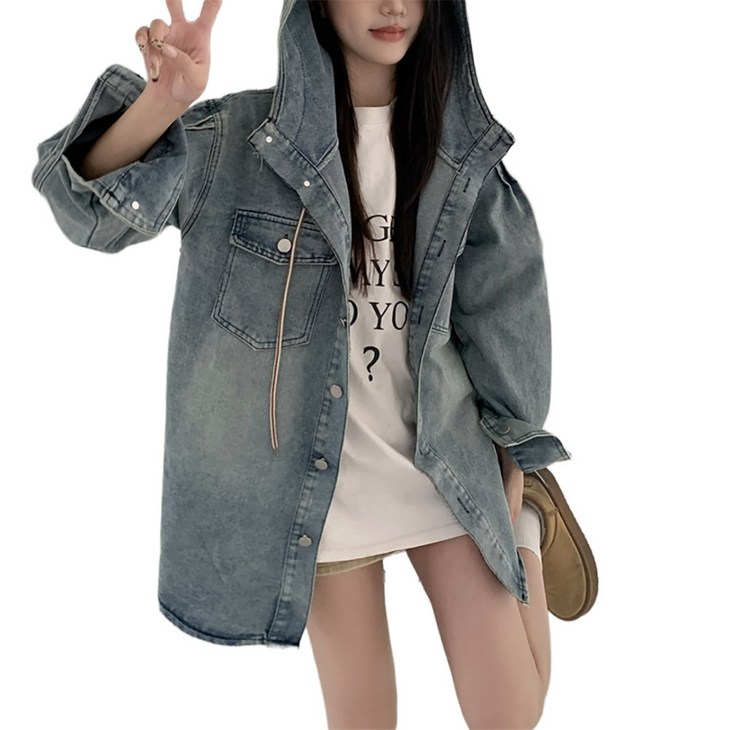데일리 여성 간절기 데님셔츠 루즈핏 후드 청자켓 후드 야상