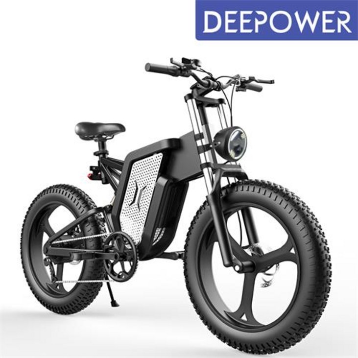 DEEPOWER 1000 48V 30Ah 최신형 MTB 산악 자전거 전기자전거 20인치 팻바이크 7단 변속, 블랙  실버