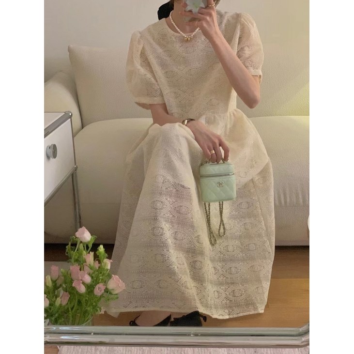 미니멀 레이스 자카드 퍼프 원피스