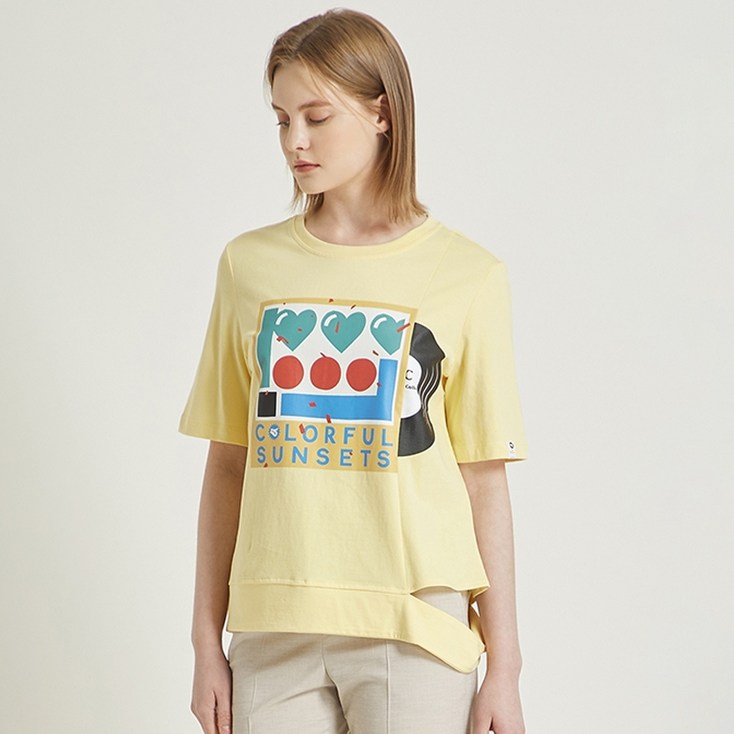 씨씨콜렉트 여성용 슬릿 헴 프린팅 티셔츠 C212PSM058
