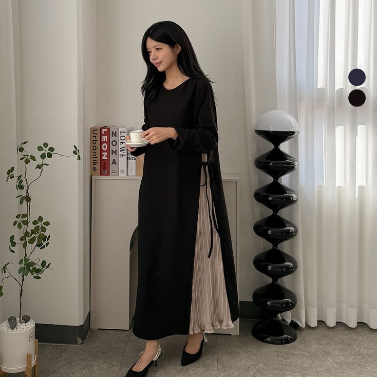 디테일웨어 여성 하이 플리츠 주름 롱원피스 스트랩 빅사이즈 임부복 간절기 링클프리 만삭 단정한 원피스 하객룩