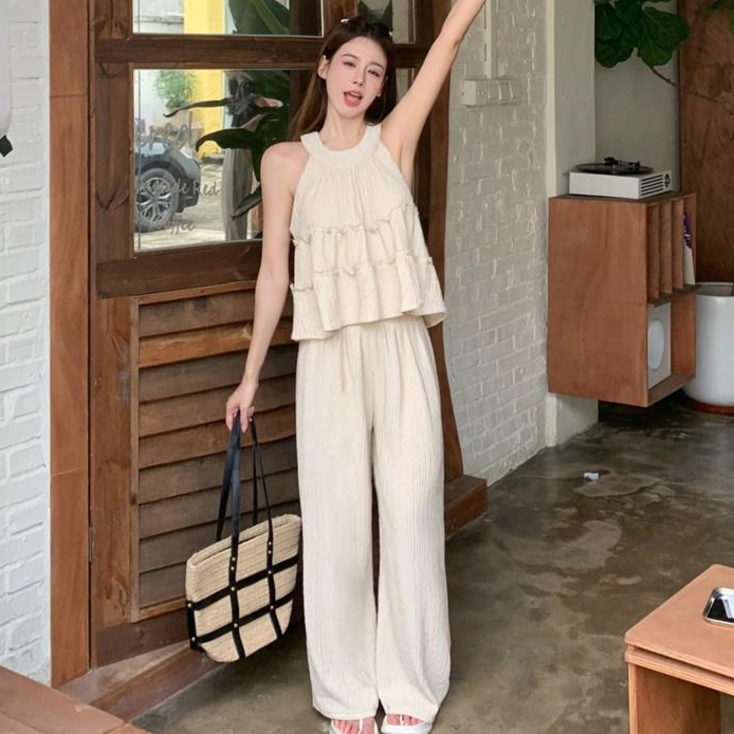 Banhany 모베 민소매블라우스롱팬츠set홀터넥 민소매 블라우스 와이드 롱 팬츠 플리츠 투피스 세트 4color