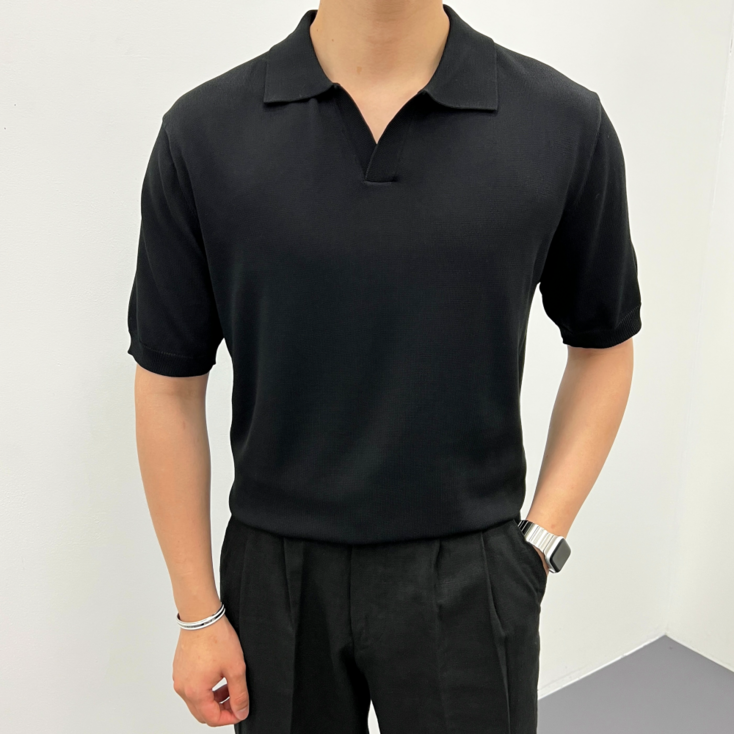 이브컴퍼니 시원한 아이스 오픈 카라 머슬 오버핏 반팔 니트 7751