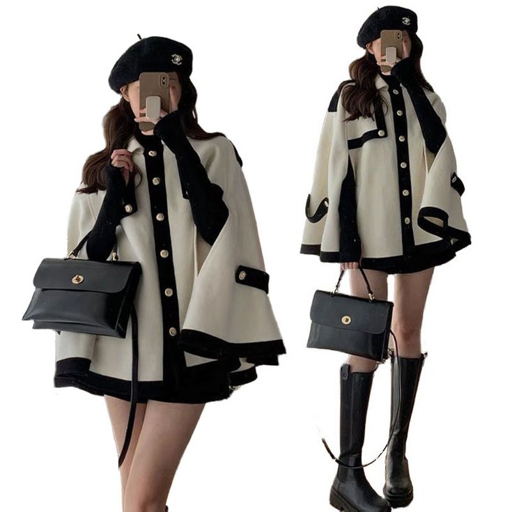 JUSTFEELING 고급 하객룩 패션 망토 케이프코트 트위드 가을겨울 모직코트 세련된 여성의류