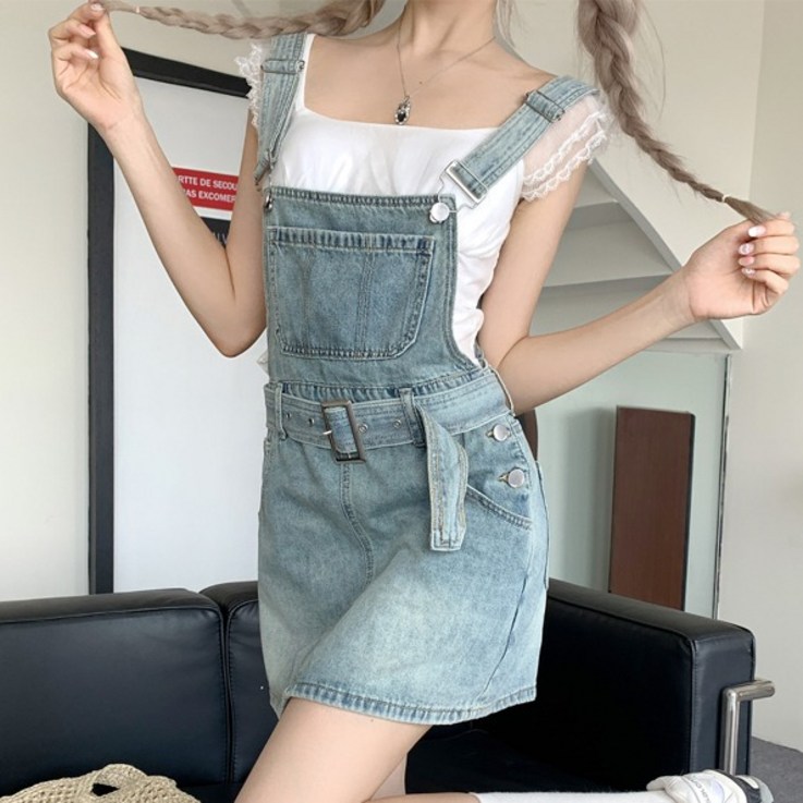 리리 멜빵 데님 미니원피스