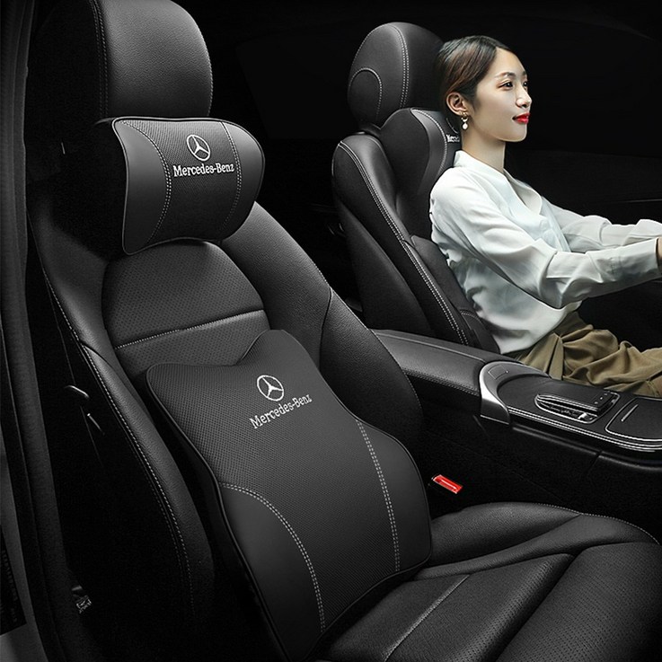차량용 벤츠로고 새들브라운 블랙 운전석등받이 의자허리받침 목쿠션