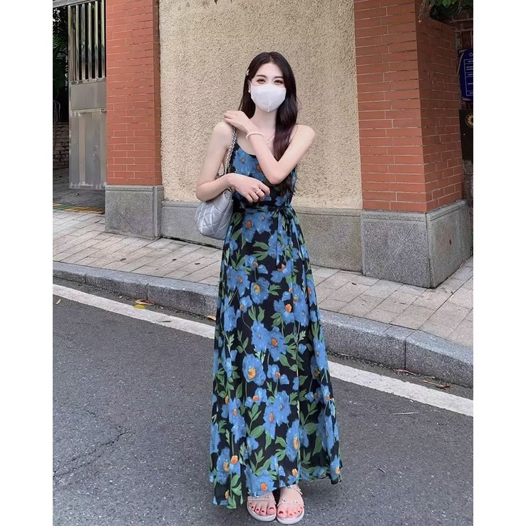 POMTOR 여성 나시 원피스 비치 바캉스 플라워 끈 롱원피스 POMTOR 여성 나시 원피스 비치 바캉스 플라워 끈 롱원피스