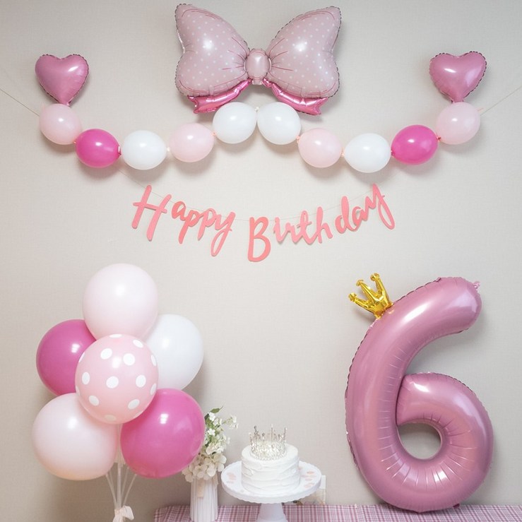 연지마켓 생일풍선 생일파티용품 리본풍선 숫자세트, 핑크리본 핑크세트 6