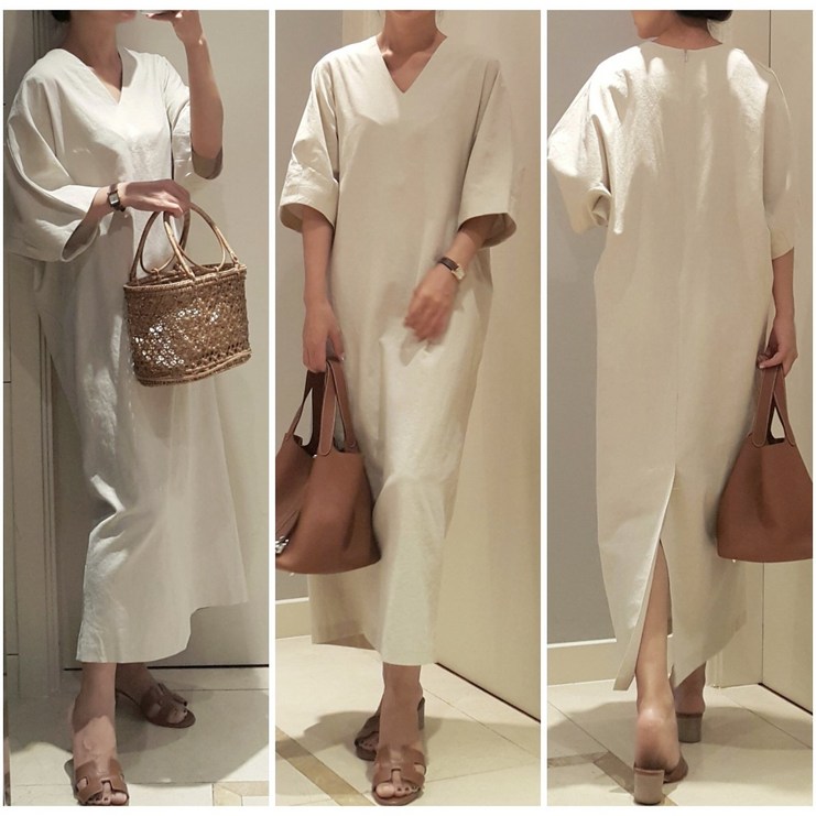 레이디라라 여성 데일리 브이넥 르베이지 린넨 롱 원피스