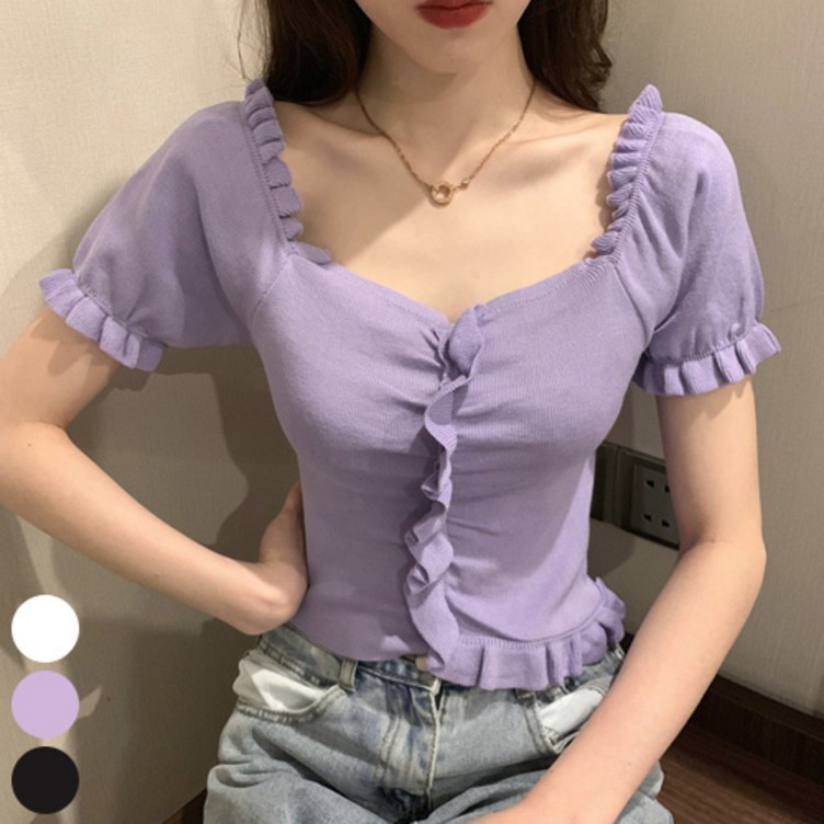 공블리 여성용 스퀘어넥 프릴 크롭 반팔 니트 CST1350