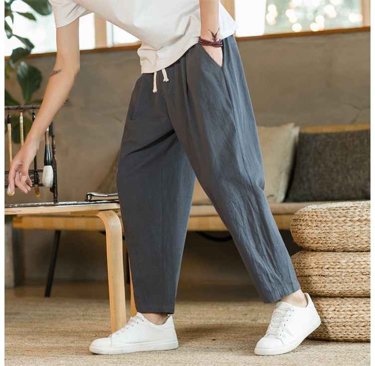 POMTOR 남자 여름 린넨 빅사이즈 팬츠  9부 와이드 팬츠