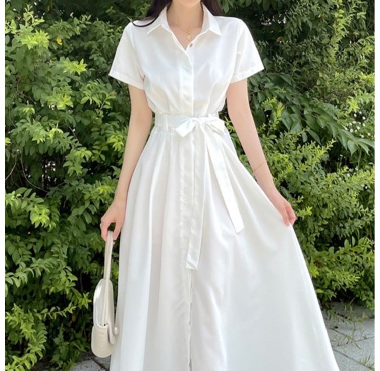 쪼예 허리 리본 반팔 셔츠 롱 원피스