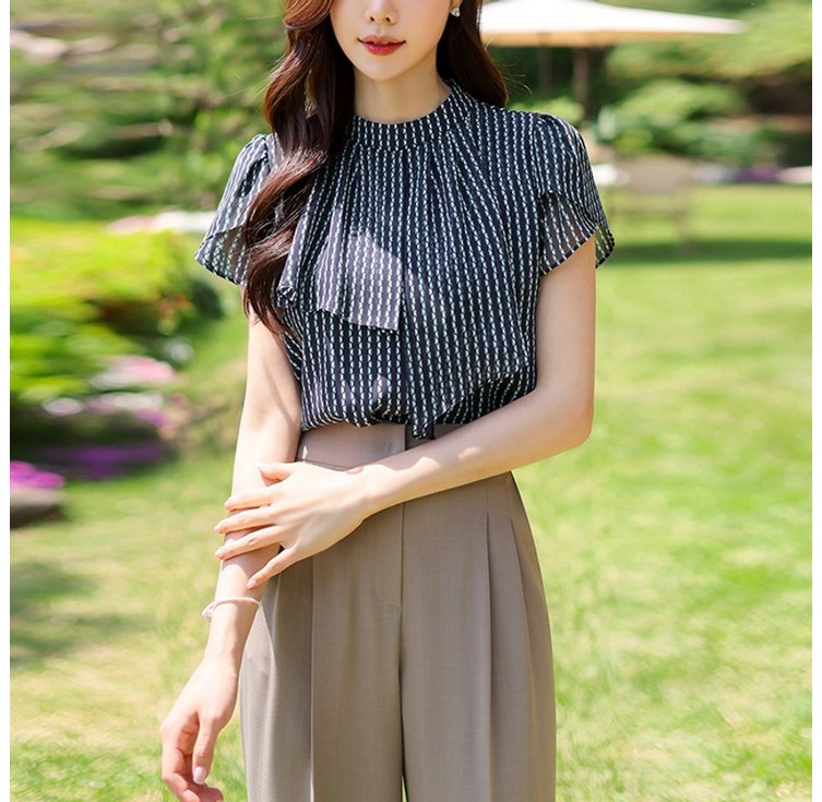 스타일온미 틴프 쉬폰 언발 레이어드 튤립소매 패턴 블라우스