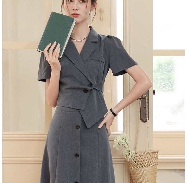 해피유통  여성 여름 반팔 재킷 네크라인 버튼 원피스 세트 오피스 스타일 디자인byq