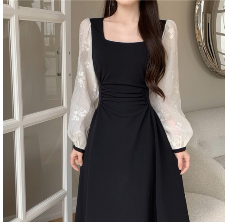 네디아 사각 칼라 긴팔 슬림 원피스 스몰부터 빅사이즈까지 미디 쉬폰 드레스