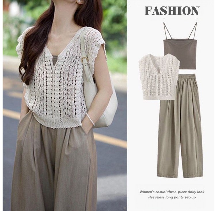 여성 쓰리피스 셋업 여름 브이넥 세트 민소매 캐주얼룩
