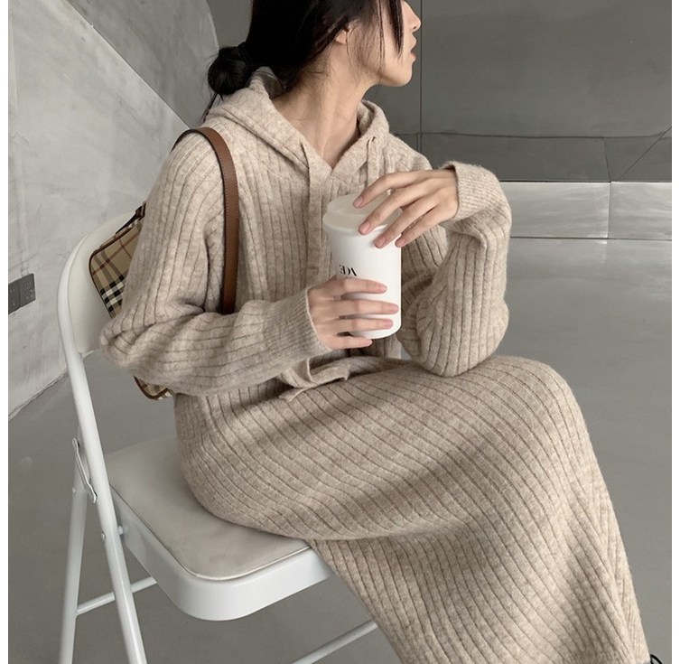 러우 여성 롱원피스 루즈핏 후드원피스 골지 여자긴팔 여성니트 오버핏 편한 빅사이즈 풀오버 여자 니트 후드원피스