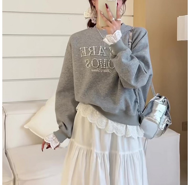 SAHINER 봄가을 여성 레이스 레이어드 루즈핏 맨투맨 긴팔티셔츠 LWAWY50