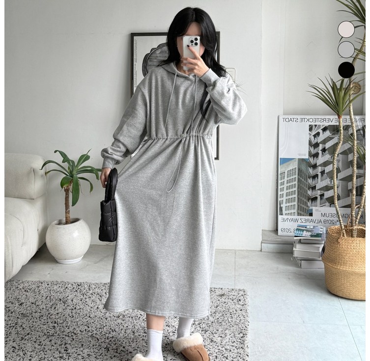 디테일웨어 여성 기모 후드 스트링 롱원피스 편한원피스 임부복 빅사이즈 오버핏 포켓 후드원피스